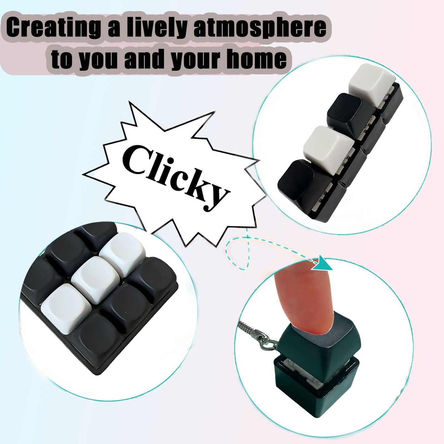 3 Pcs Keyboard Fidget Clicker Stress Relief Toys Keychain– Button Press Fidget Set for Stress Relief & Relaxation (9 Keys + 4keys + 1key Black and White Grid)