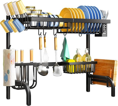 SAYZH Over the Sink Dish Drying Rack, Adjustable (25.5 to 33.5 inch) 2 Tier Metal Steel Dish Drying Racks for Kitchen Counter with Hooks Paper Towel Utensil Cup Holder Sink Caddy (Black)
