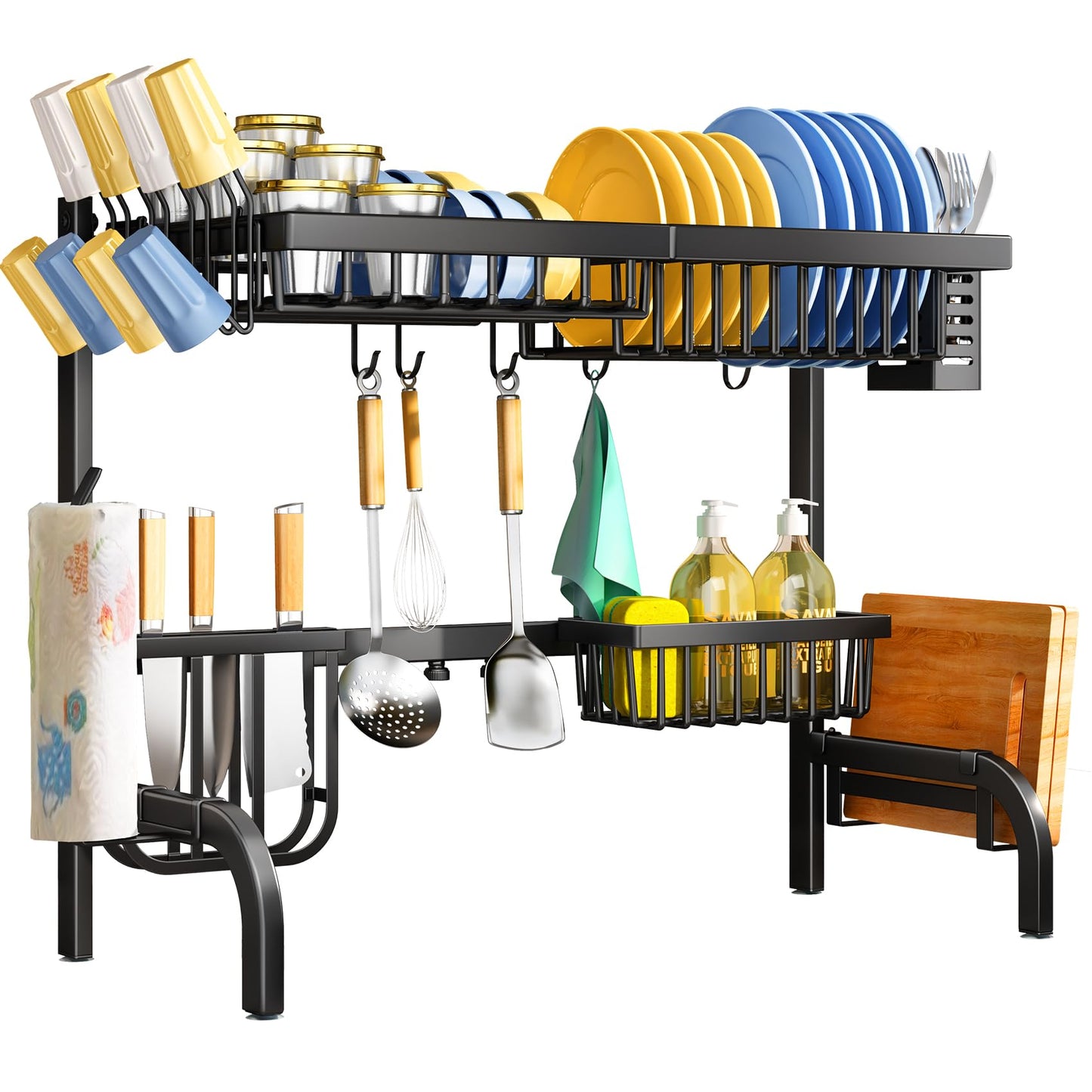 Over The Sink Dish Drying Rack, Adjustable (25.5 to 33.5 inch) 2 Tier Metal Steel Dish Drying Racks for Kitchen Counter with Hooks Paper Towel Utensil Cup Holder Sink Caddy (Black)
