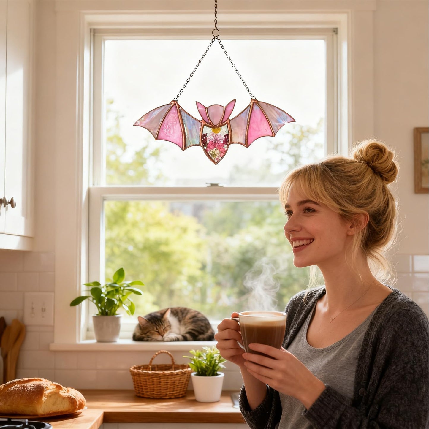 BDHRKTE Bat Decoration Window Hanging Suncatcher,Stained Glass Window Hanging, Handmade Translucent Decorative Art, Halloween Home Decor