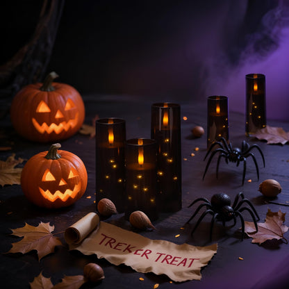 Raycare Flameless Candle with Remote Timer – 9 Flickering Acrylic Battery Operated LED Pillar Candles with Embedded Star String for Halloween, Home Decor, and as a Gift (Black)