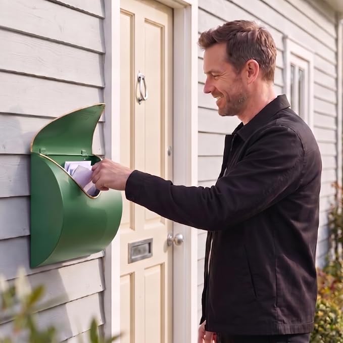 Green Wall Mount Mailbox for Outside,Waterproof Metal Mailboxes with Rust-Proof Galvanized Steel,Large Capacity Envelope Mailbox for House,12.99 x 10.35 x 3.5 Inch