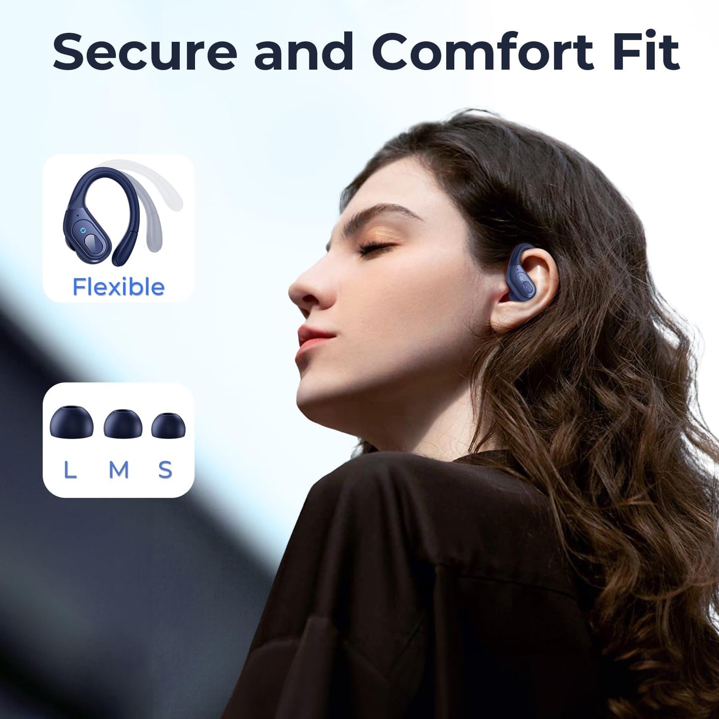 occiam Active Noise Cancelling Earbuds Wireless Bluetooth Headphones Ear Buds 90Hrs Playback Stereo Bass Earphones with Mic Over-Ear Hooks IPX7 Waterproof Headset for Work Sports Running Gym Deep Blue