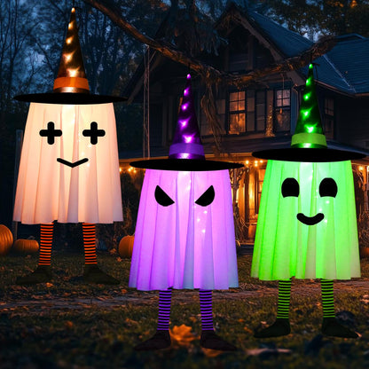 3 Pack Halloween Hanging Ghosts Halloween Decorations Outdoor, Lighted Glowing Ghosts Witch Hat with Orange Purple Green Lights, Light up Ghost for Home Yard Patio Tree