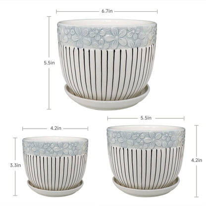 Ton Sin Grey Flower Pots, Texture Planter for Indoor Plants Set of 3 Ceramic Flower Pots with Saucer, Cute Garden Pots Succulent Pots, 6.75/5.6/4.2 Inch, Indoor Outdoor Home Garden Decor