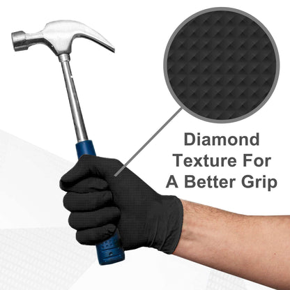 WECARE Black 8 Mil Nitrile Gloves Medium 50 Pack - Heavy Duty Mechanic Gloves, with Diamond Grip - Powder and Latex Free Disposable Gloves