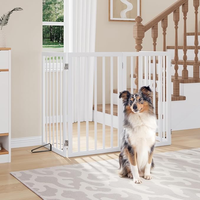 Semiocthome Freestanding Dog Gate 32" Tall, 4-Panel Foldable Dog Gates for Doorways Stairs House, Pet Gate Indoor with 2 Metal Stands, White