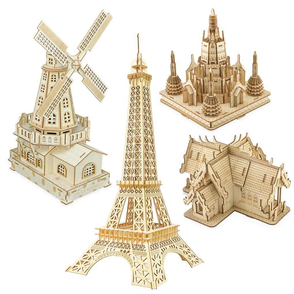 Bitopbi 3D Wooden Puzzles Laser Engraving DIY Safe Assembly Constructor Kit Toy for Teens and Adults, World Famous Buildings Mechanical 3-D Models for Self-Assembly (Eiffel Tower)
