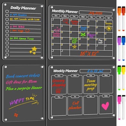FINDMAG 4 Pack Acrylic Calendar for Fridge, 2026 Magnetic Calendar for Refrigerator, 16"x12" Dry Erase Whiteboard Planning Board Monthly Weekly Wall Fridge Calendar Board Menu Planner with 8 Markers