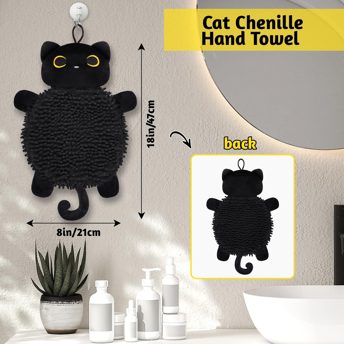 JEROKUMI Cat Hand Towel - Kitchen Towels with Hanging Loops Super Absorbent Chenille Hand Face Bath Towel, Cat Gifts for Women, Funny Towel Kitchen & Bathroom Decor (8x18 Inch)