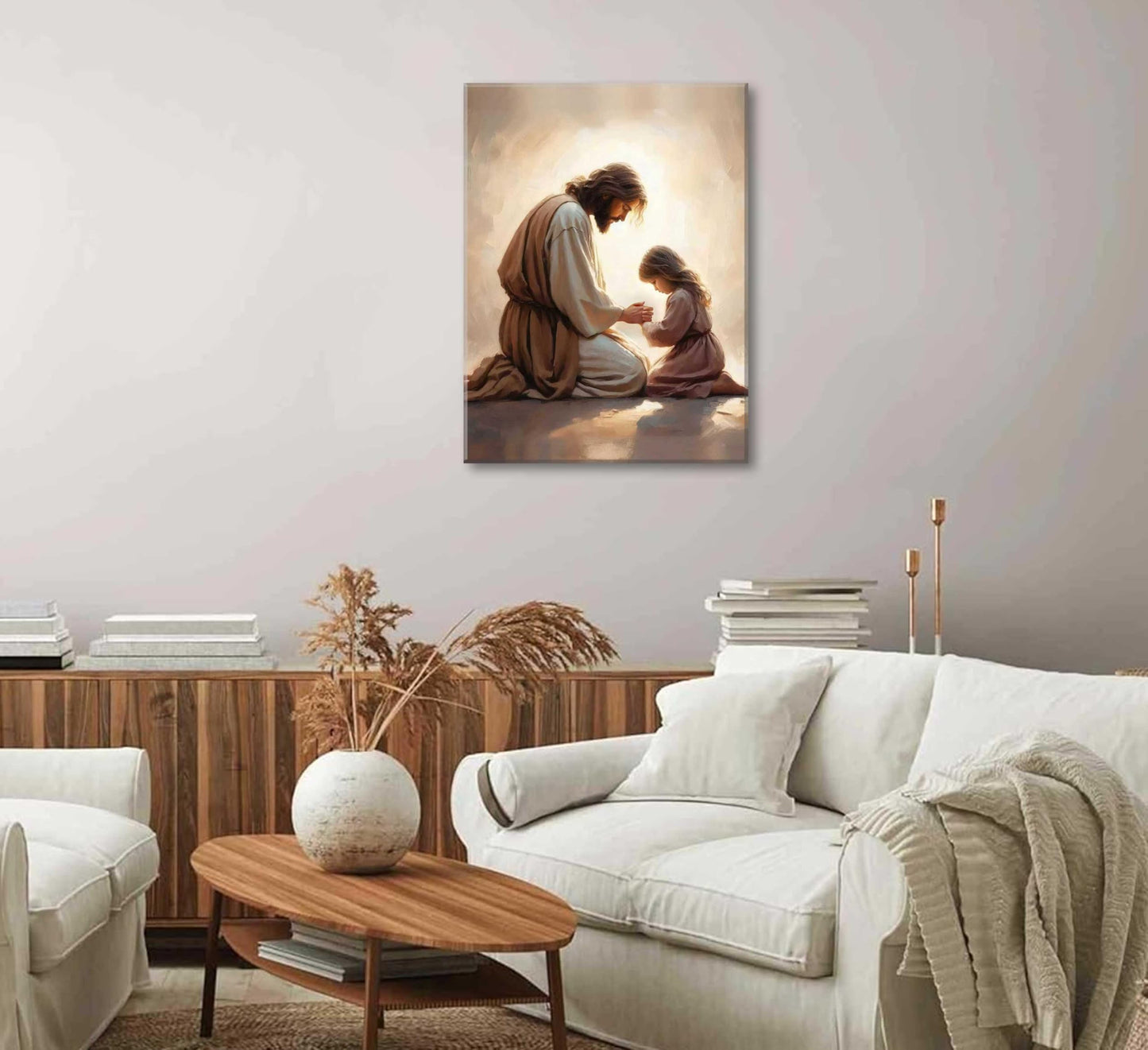 Jesus Praying with Girl Canvas Wall Art Christian Spiritual Posters Painting Religious Bible Story Prints Wall Decor Jesus Kid Pictures for Living Bedroom Room Church Home Decoration Framed