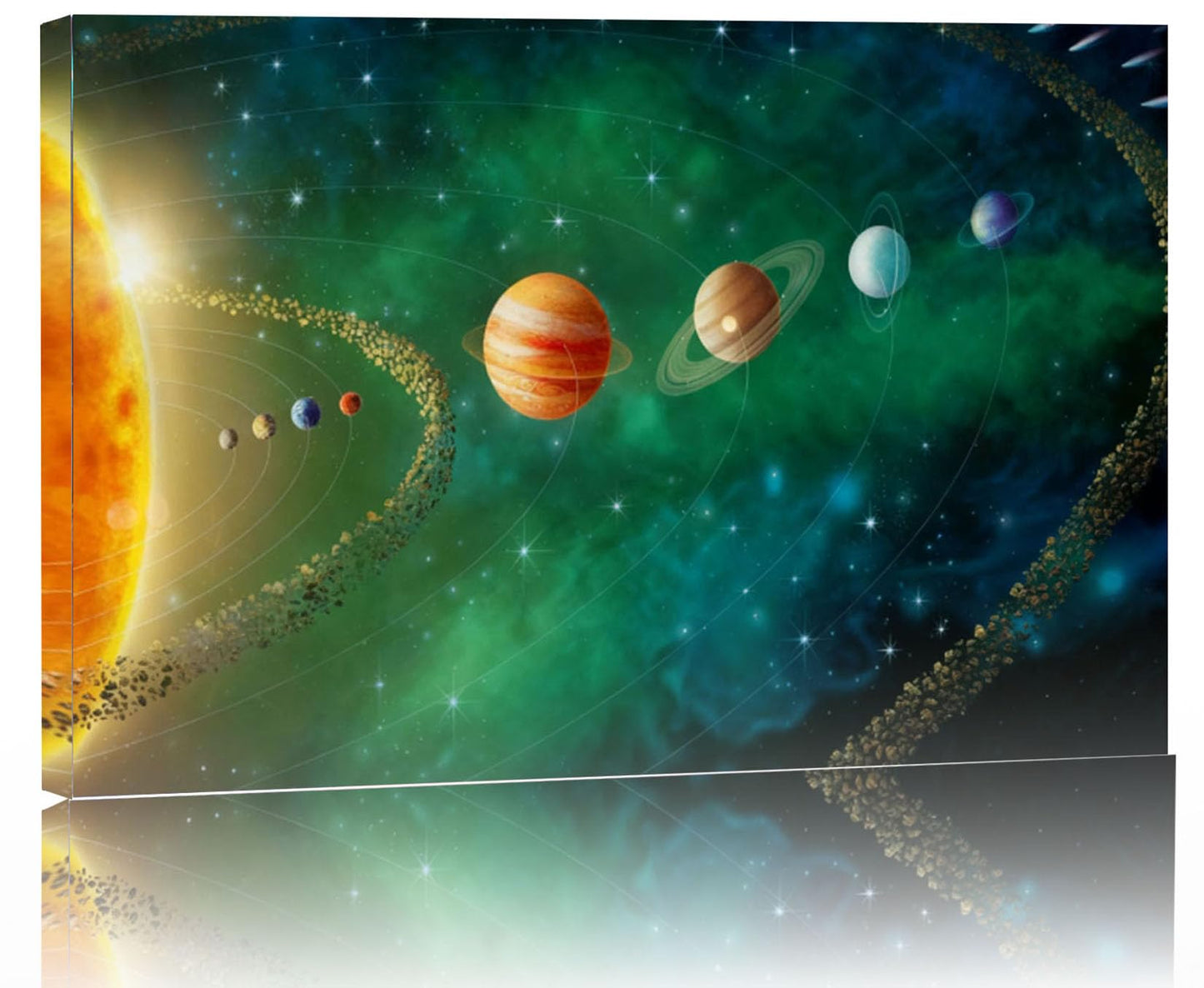 12x16 Framed Solar System Space Canvas Wall Art Green Galaxy Planets Astronomical Decor Kids Bedroom Cosmic Wall Pictures Teen Boy Room Universe Galaxy Poster Child Office Study Room Art Prints