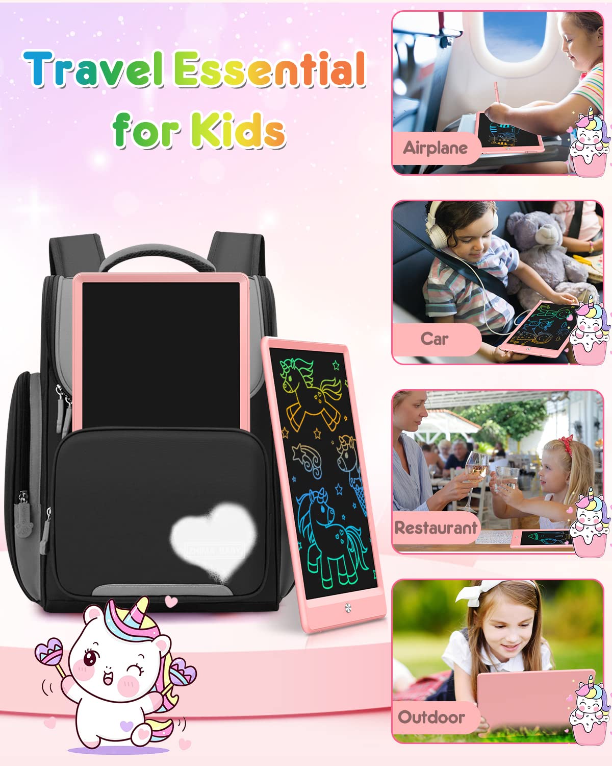 FLUESTON LCD Writing Tablet for Kids, 10 Inch Doodle Board, Colorful Drawing Pad for Toddler, Educational Travel Toy Gifts for 3-8 Year Old Girls Boys, Erase Lock Writing Board - Pink