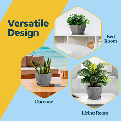 Gray 6-Inch Plant Pots with Drainage & Saucers 6 Pack, Indoor & Outdoor Planters for Houseplants, Herbs, and Flowers, Durable & Weatherproof Material, Stackable, Lightweight, Minimalist Design