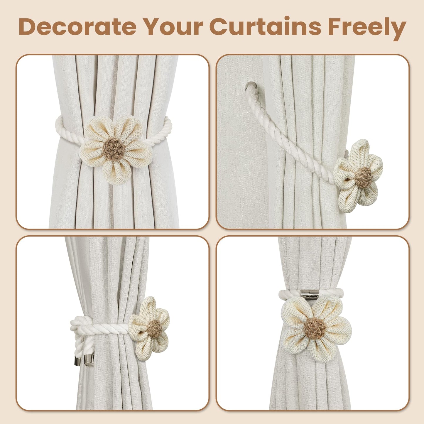 KLOGTSIND Magnetic Curtain Tiebacks, 4 Pack Flower Curtain Holdbacks for Draperies, Elegant Curtain Tie Backs for Boho Bedroom Decor, Toddler Girl Room Decor, Baby Nursery Decor
