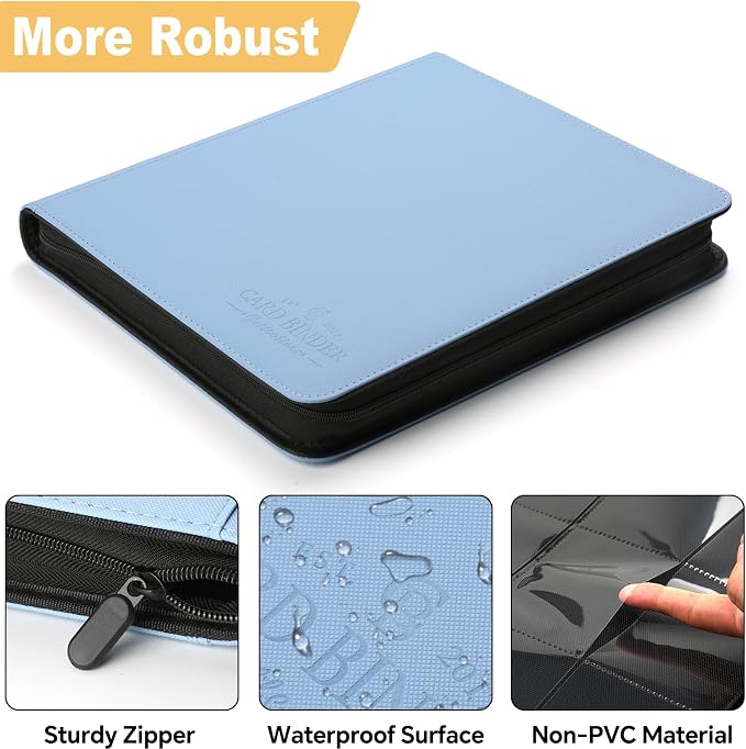 16-Pocket Business Card Binder holds 1024 Cards, Premium Diamond PU Leather Name Card Holder Organizer with Zipper, Black Sleeves Side Loading Card Book for Collectors & Office(light blue)