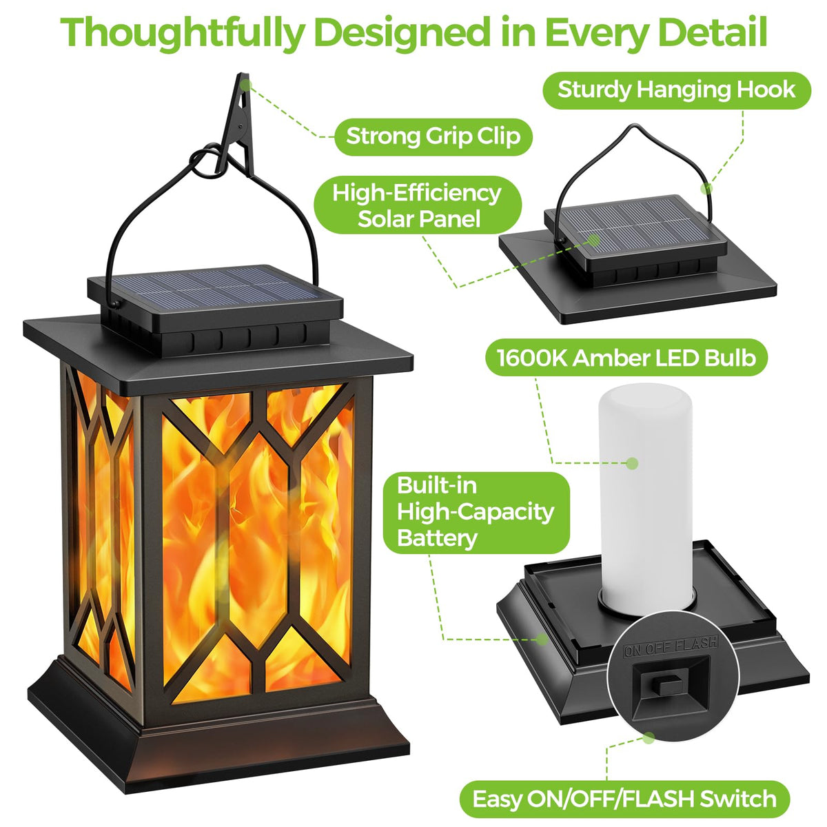 BOBKID 2 Pack Solar Lanterns Outdoor Waterproof, Flickering Flame Outdoor Lights, Hanging Solar Lantern Lamps Decorative, Solar Powered Lighting for Outside Garden Yard Patio Path Tree Decor