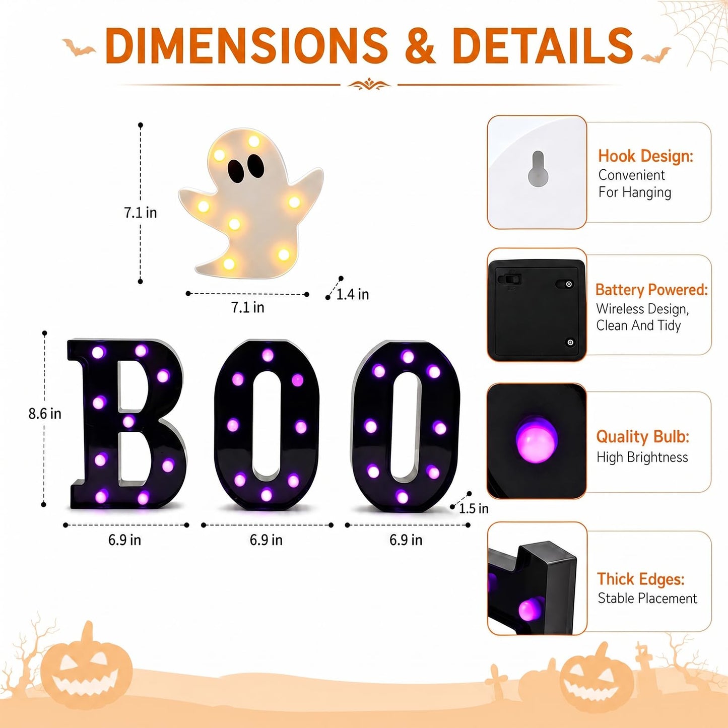 InnovTools Autumn Halloween Decorations BOO Marquee Letters with Ghost Light Purple LED Light Up Sign Spooky Table Centerpiece Wall Decor for Halloween Home Room Indoor Party Battery Operated Signs