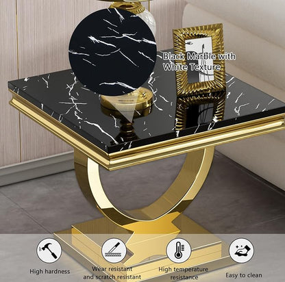 4 Piece Living Room Table Set Include 1 Faux Marble Coffee Table & 2 End Tables & 1 Console Table, Modern Black Gold Coffee Table Set of 4 with Double O Shape Stainless Steel Pedestal Base