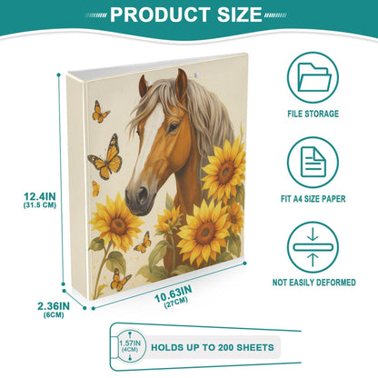Horse Round Ring Binders 1.5 Inch Butterfly Sunflower 3 Ring Clipboard Binder for Office School Work Supplies File Folder Document 200 Sheet Capacity Easy Open