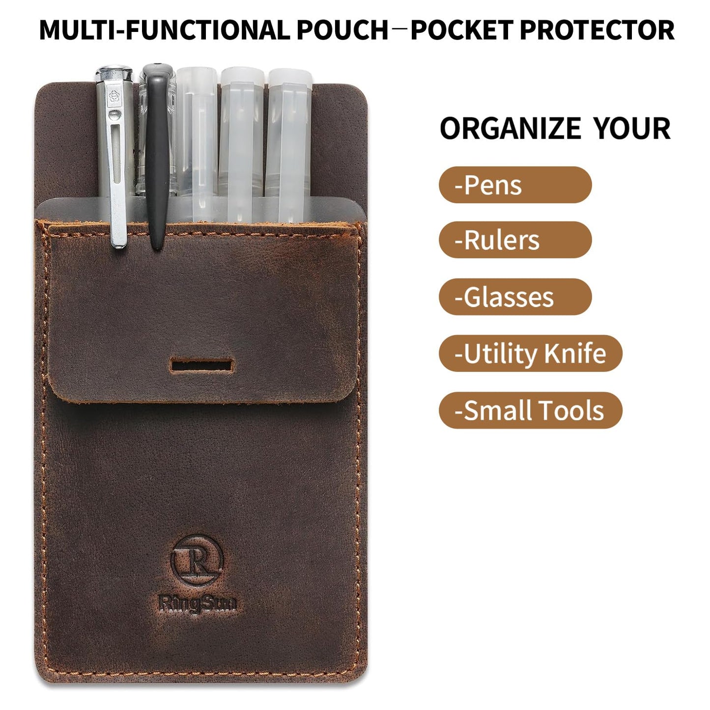Ringsun Pocket Protector for Men, Full Grain Leather Pen Protect Holder for Heavy Duty Shirts, Lab Coats, Holds Pens, Pointers, Cards, Hold 8 Pens, Pocket Protectors for Pens and Pencils