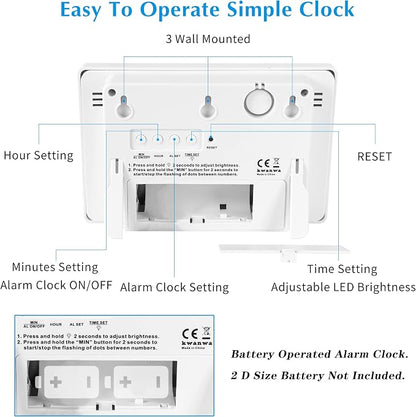 KWANWA Large Digital Alarm Clock, 3" LED Display Battery Operated, Dimmable Auto Night Mode, Easy to Read for Seniors Visually Impaired, Cordless Wall Clock or Table Clock for Bedroom Kitchen RV