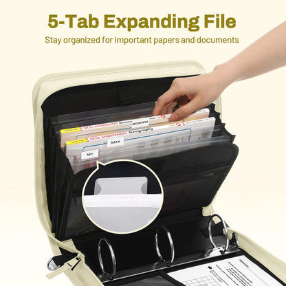 SUNEE Zipper Binder 3 Ring, 3 Inch O-Ring with Handle and Shoulder Strap, 600-Sheet Capacity, 5-Tab Expanding File Folder, Multi-Pockets for Middle School Organizer Binder with Zipper, Soft Beige
