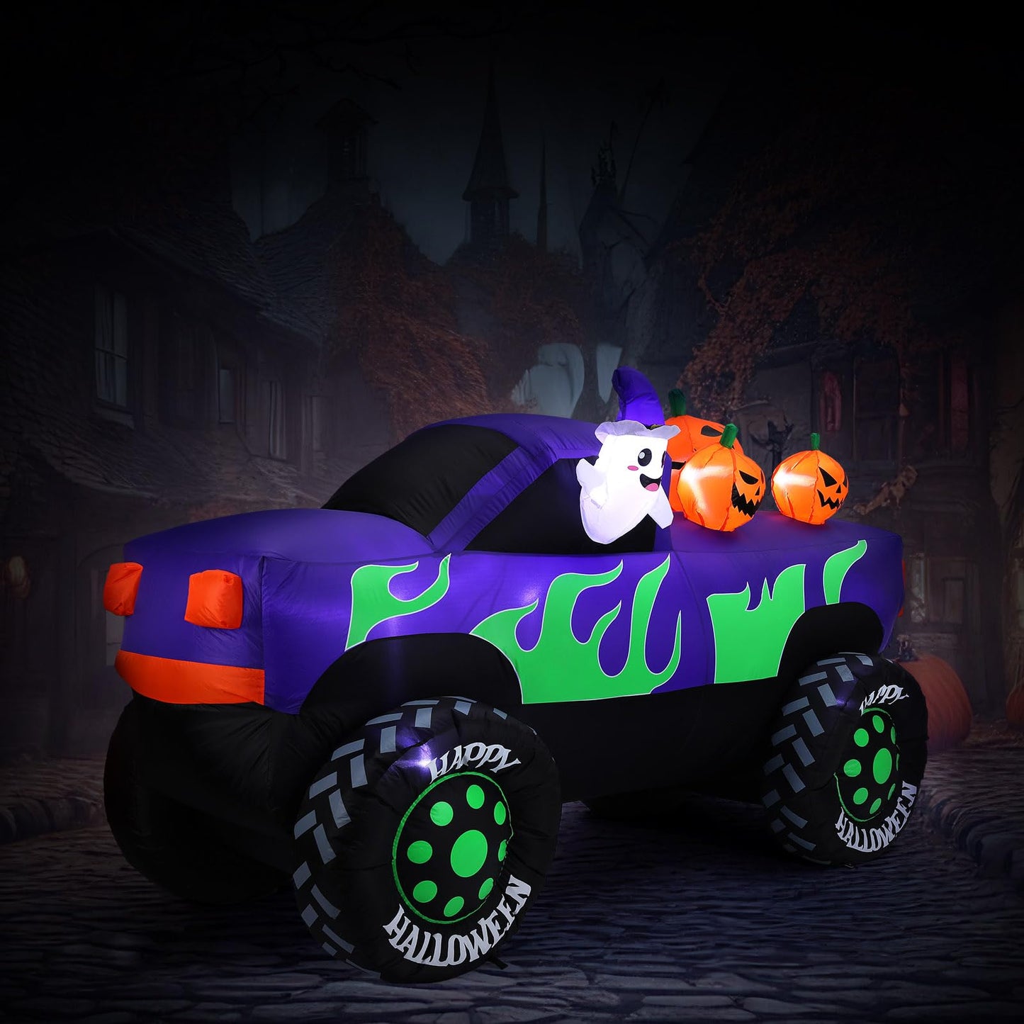 Leyndo 8 ft Long Halloween Inflatables Monster Truck Outdoor Decorations Lighted Ghost Driving Truck with Pumpkins Blow up Yard Decor with Lights for Halloween Party Indoor Family Garden Lawn Decor