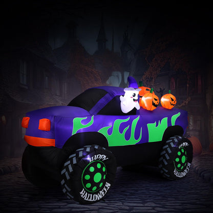 Leyndo 8 ft Long Halloween Inflatables Monster Truck Outdoor Decorations Lighted Ghost Driving Truck with Pumpkins Blow up Yard Decor with Lights for Halloween Party Indoor Family Garden Lawn Decor