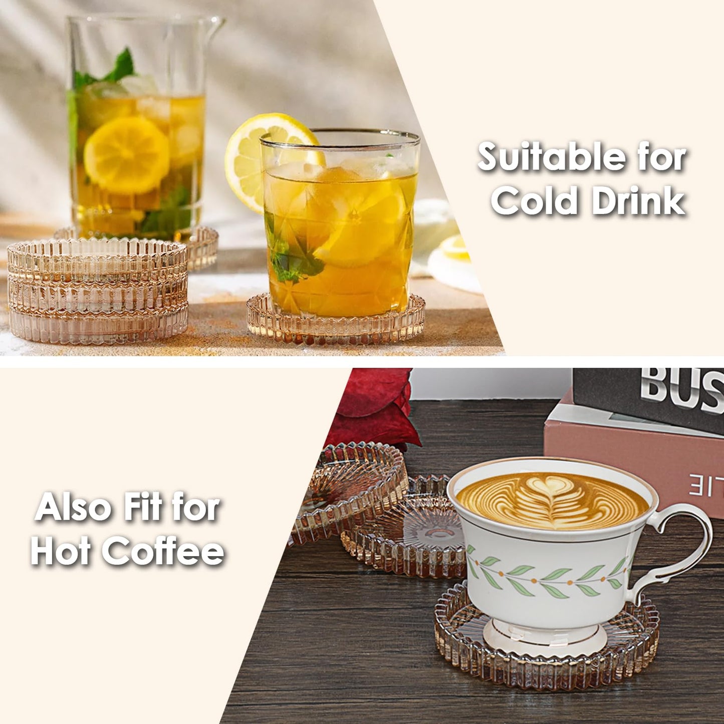 OGANAZI Modern Clear Coasters Set of 5- Glass Cute Coasters for Drinks Crystal Coaster Round Chic Cup Mat Cute Coffee Table Coaster for Kitchen, Bar, Dining Room, Living Room, Patio(Amber)