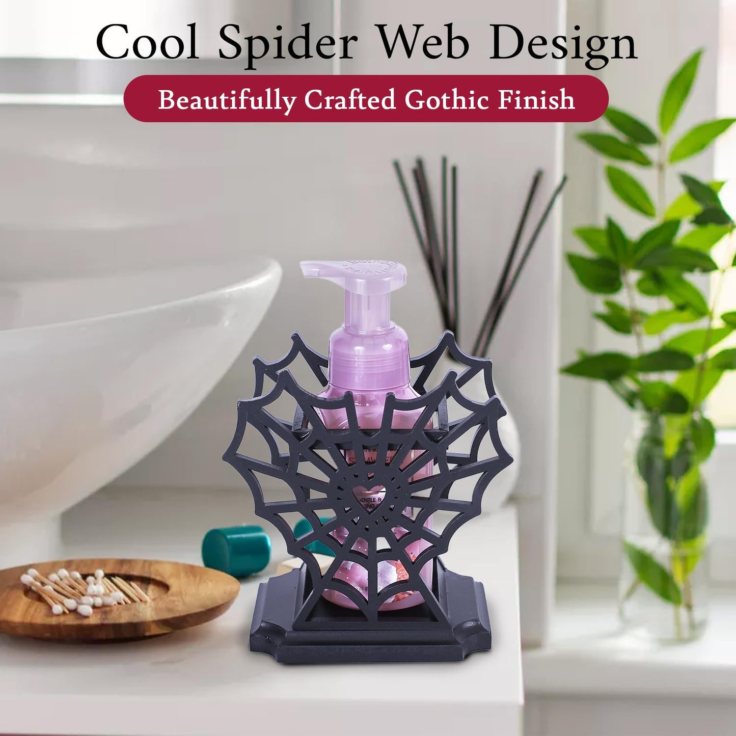 CEFLITECO Spider Web Soap Dispenser Holder – Heart-Shaped Halloween Spider Web Hand Soap Holder for Bathroom – Gothic Wooden Soap Dispenser for Spooky Bathroom Decor – Witchy Gifts for Women