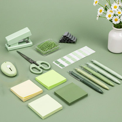 Humyoun Mini Green Office Supplies Kit Green School Supplies Christmas Gift Desk Accessories with Gel Pens Sticky Notes Stapler Scissor Paper Clips Index Tabs Box Cutter for Christmas Gifts Office