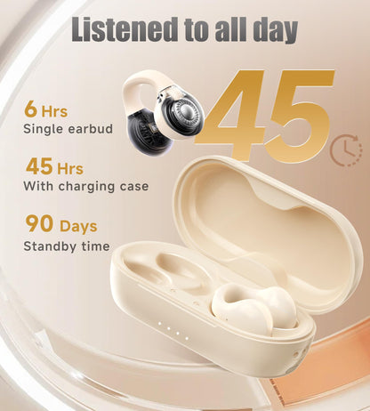 King Lucky i21 Open Ear Clip On Earbuds Wireless Bluetooth Ear Clip Headphones with Mic,Noise Cancelling, Waterproof IPX4,for Small Ears,Perfect for Running,Sports,Glasses Wearers (White)