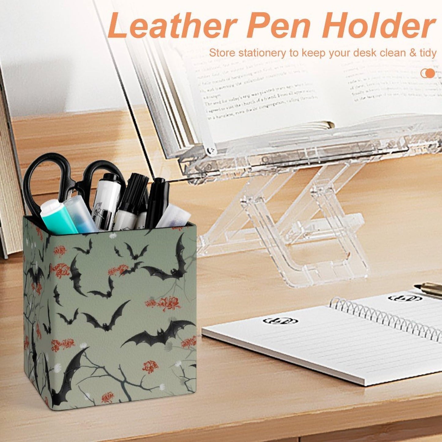 DerlonKaje Bats Square Leather Pen Holder, Minimalist Desk Organizer for Office Home School, Pencil & Stationery Storage Box, Gift for Students Teachers Colleagues