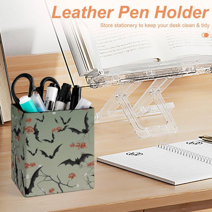 DerlonKaje Bats Square Leather Pen Holder, Minimalist Desk Organizer for Office Home School, Pencil & Stationery Storage Box, Gift for Students Teachers Colleagues