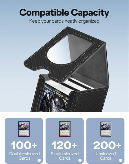 Card Deck Box for MTG Commander, Card Case Holds 100+ Double-Sleeved Cards, Magic Card Box Fits for TCG/PTCG/CCG Card with 2 Dividers (Black&Gray)