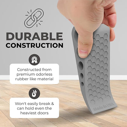 Door Stoppers for Bottom of Door Premium Floor Rubber Door Stop Wedge Made in USA Heavy Duty Honeycomb Design for Carpet, Tile, Ideal for Home, School, Commercial, Gray 2-Pack