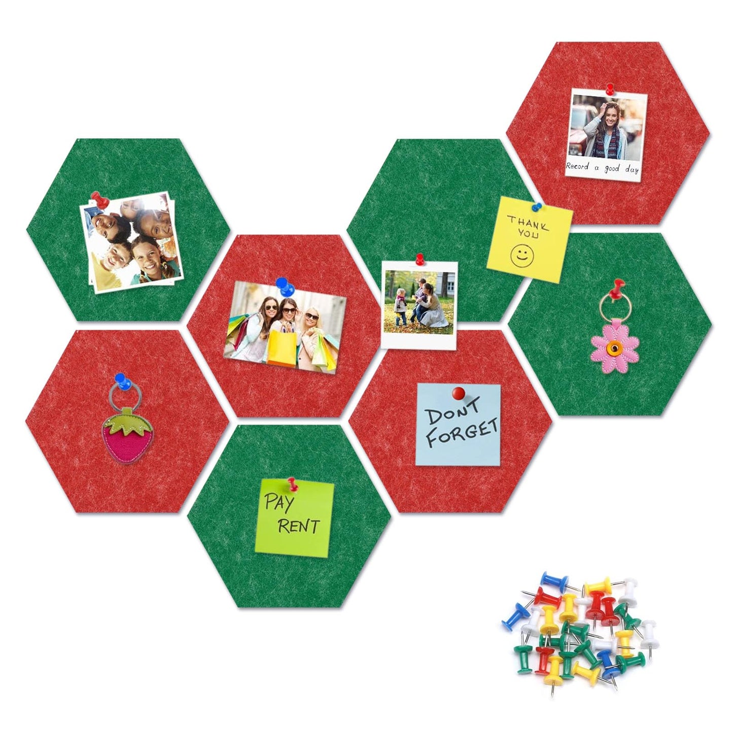 8 Packs Red Green Hexagon Felt Pin Board, 12" Bulletin Board with 30 Push Pins, Felt Board for Home Kitchen Office Decor, Self-Adhesive Corkboard Tiles for Walls Message Photos Memos Display