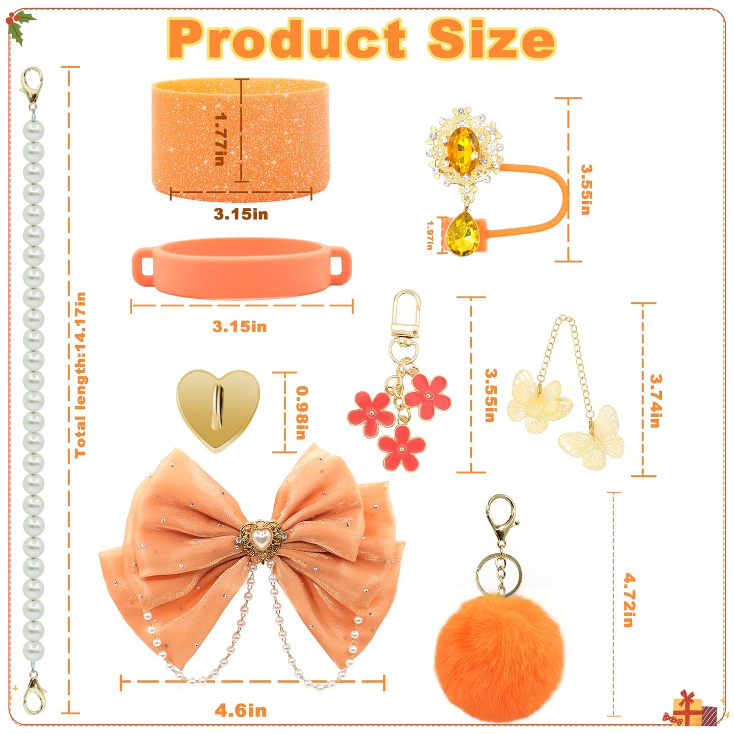 LBU Bling Stanley Cup Accessories for 40/30/20 oz Tumbler with Handle Including Orange Glitter Bow Straw Topper, Heart Straw Cover, Pearl Water Bottle Handle Strap, Boot, Pom-Pom, Keychain Charms
