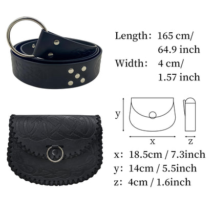 HiiFeuer Medieval Embossed O Ring Belt and Viking Embossed Belt Bag Set for LARP (Black)