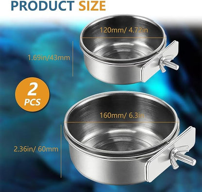 2Pcs Stainless Steel Bird Feeding Bowls, Small Bird Feeding Cup, Stainless Steel Parrot Food Bowl Cage with Holder, Parrot Cage Water Feeder, Pet Cage Cup Holder (Dia 6.3", 4.72",)