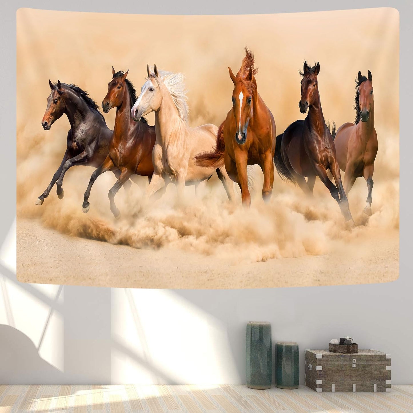 GOAOK Horse Tapestry, Galloping Wild Farm Animal Horse Running Western Desert on Mystic Sky Landscape Tapestry Wall Hanging for Bedroom Living Room Dorm Office Decor, 60X40In