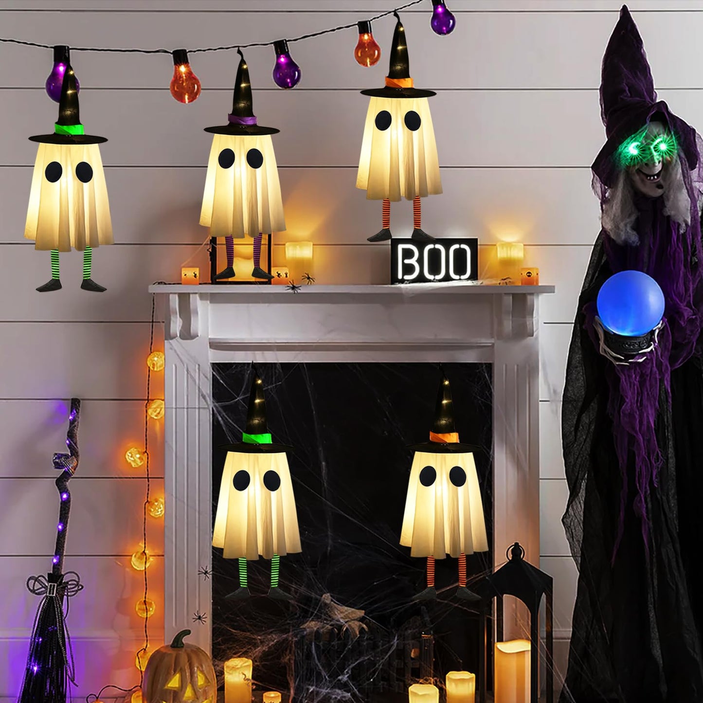 Set of 3 Halloween Hanging Ghosts,Halloween Decorations Outdoor Hanging Ghosts with Witch Hat,Glowing Ghost Witch Hat Light, Halloween Ghost Decor for Yard Patio Garden Tree Outside(3 Ghost Lighted)