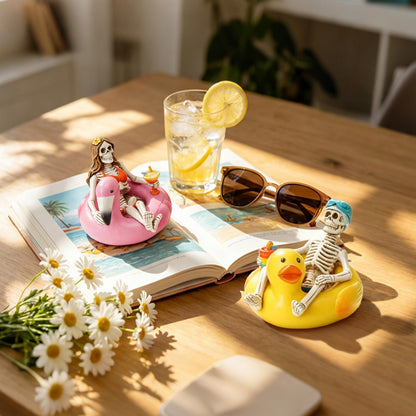 Summer Home Decor Halloween Skeleton-Statues - 2PC Summerween Collectible Figurines Couple on Yellow Duck & Pink Flamingo Floats Sulpture for Coastal Tropical Beach Halloween Decor Newman House Studio