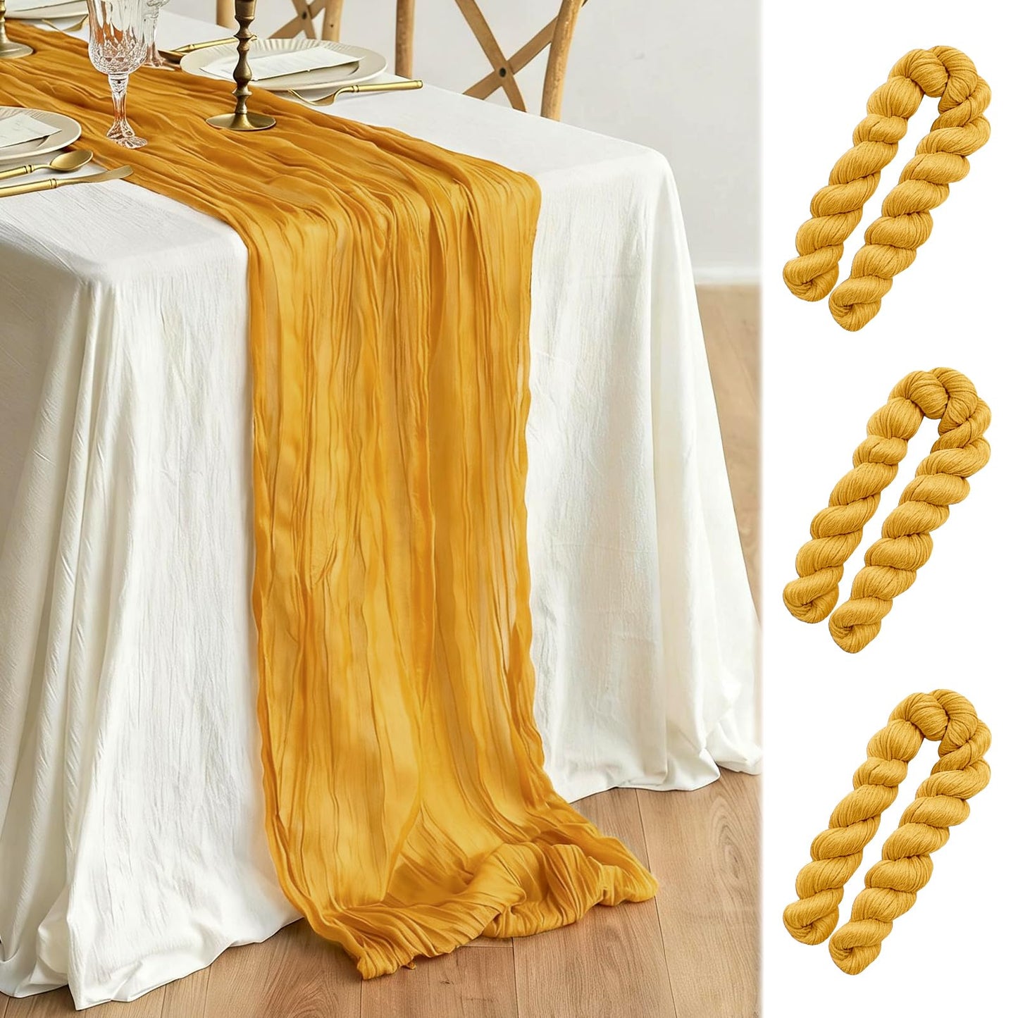 3 Pcs Gold Cheesecloth Table Runner, 35"×120" Halloween Gauze Sheer Table Runner, 10FT Boho Cheese Cloth Table Decorations for Thankgiving Wedding Birthday Autumn Rustic Decor