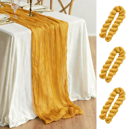 3 Pcs Gold Cheesecloth Table Runner, 35"×120" Halloween Gauze Sheer Table Runner, 10FT Boho Cheese Cloth Table Decorations for Thankgiving Wedding Birthday Autumn Rustic Decor