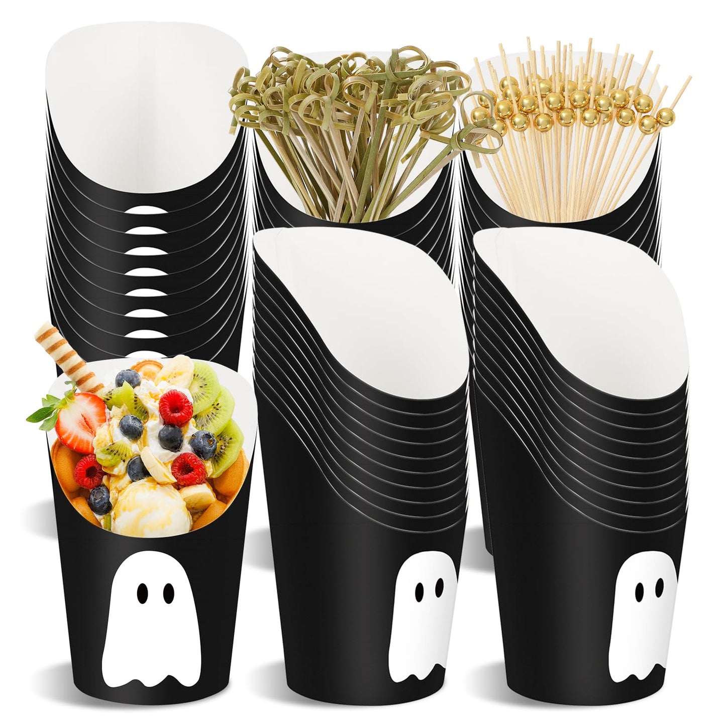 JarThenaAMCS 50 Pcs Halloween Charcuterie Cups with 100 Pcs Sticks Black White Ghost Disposable Appetizer Cups 14 Oz Fench Fry Holder for Trick or Treat Snack Dessert Birthday Party Supplies