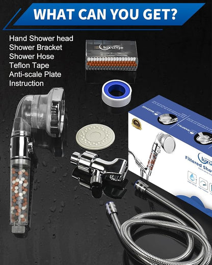 Filtered Shower Head for Hard Water with Stop, High Pressure 4-Mode Shower Heads Built-in Power Spray to Clean Corner, Tub & Pets, Water Softener Handheld Shower to Remove Chlorine & Fluoride