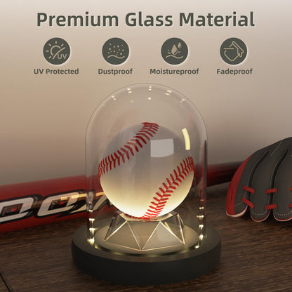 DuvinDD Baseball Display Case with LED Light Base, Glass Dome Cloche Baseball Holder for Golf Ball, Softball, Tennis Ball, Rock Collection, 4.33" D X 4.7" H, Gifts for Christmas