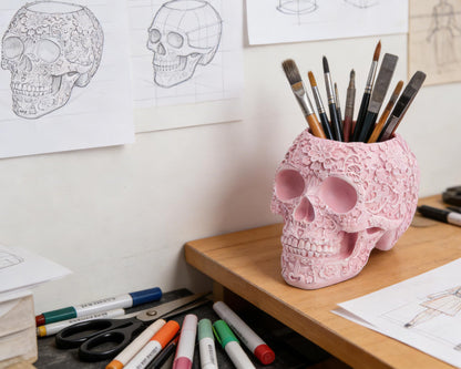 BOIHEGU Skull Bowl Decorative Skull Vase Makeup Brush Pen Holder Organizer Dresser Gothic Table Organizer Decoration, Pink Skull Pot Enthusiasts Gifts